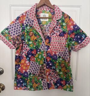 Printfresh Pajama Top Womens Medium Multicolor Floral Lion Button Front Cotton